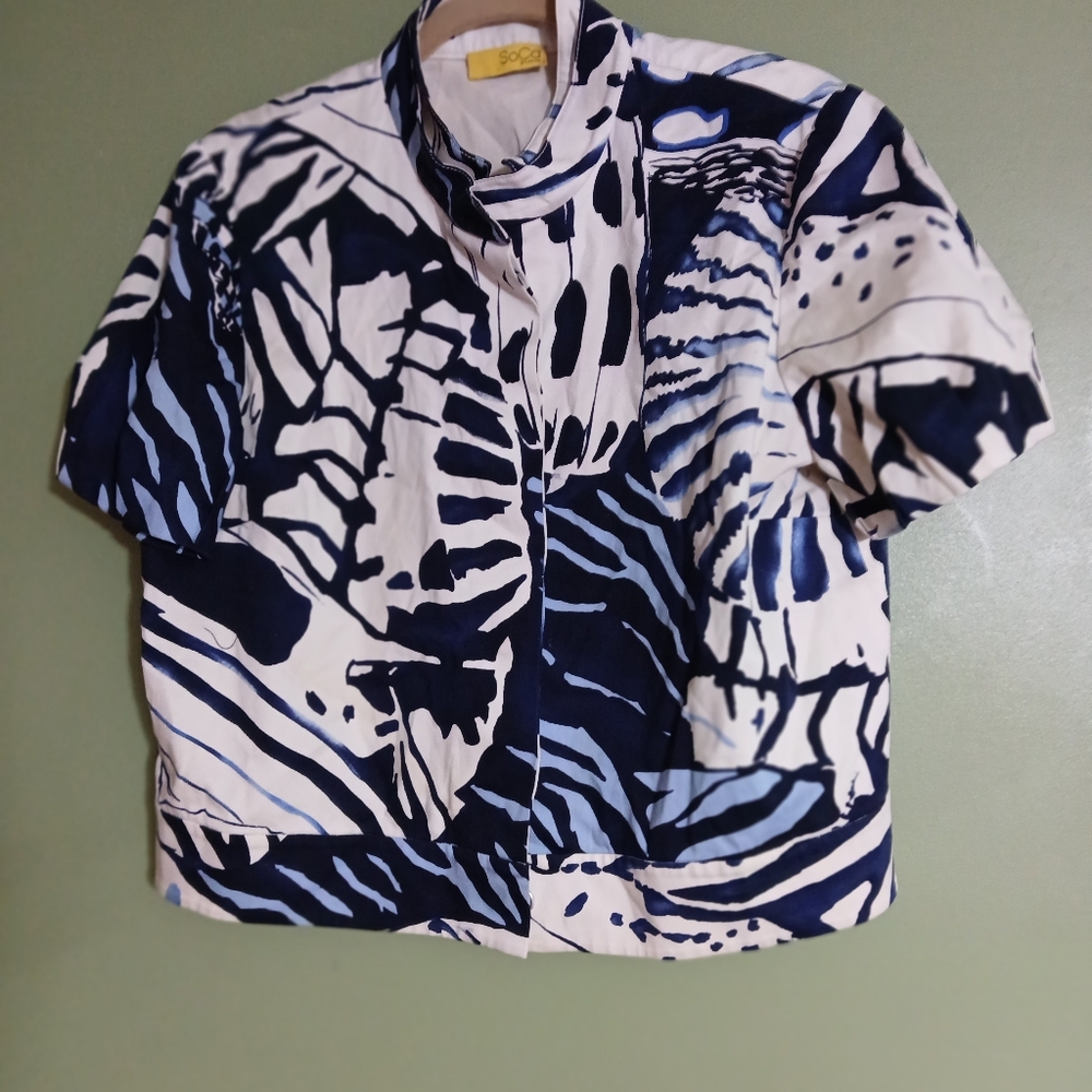 St John SoCa Abstract Blue Cream Short Sleeve Medium Blazer Silk Lined Butterfly